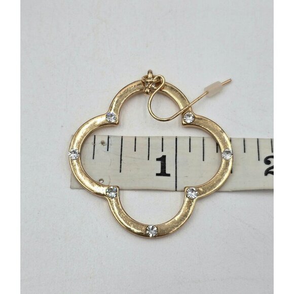 Goldtone Dangle Four Leaf Clover Earrings Rhinestone Crystal Accents 1.5" - Picture 6 of 6